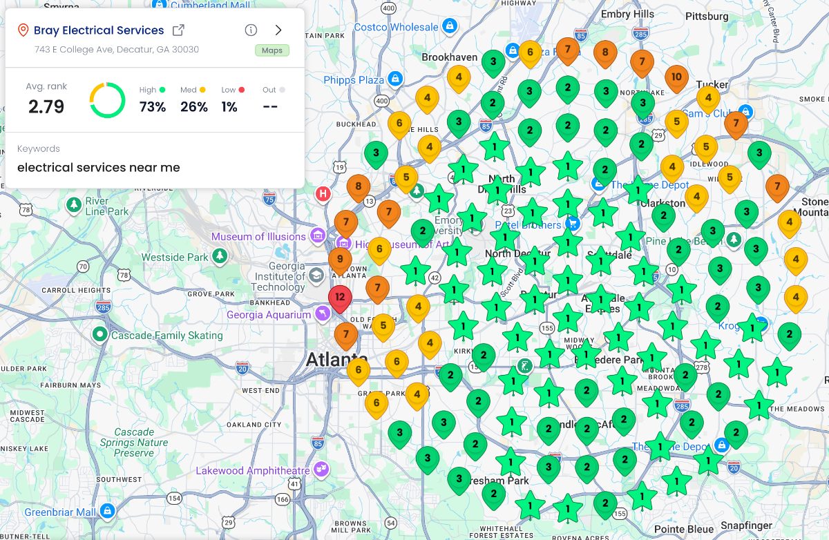 Bray Electrical Services Decatur: avg rank 2.79 for electrical services near me, 73% high