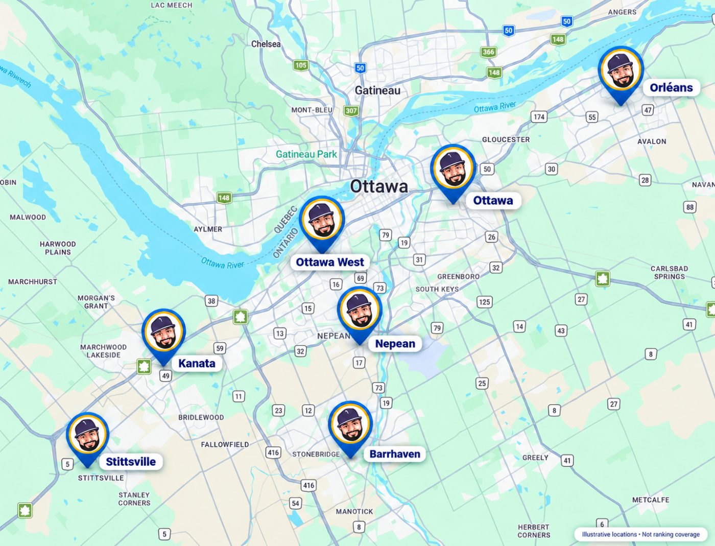 Map of Ottawa with seven John the Plumber Google profile pins
